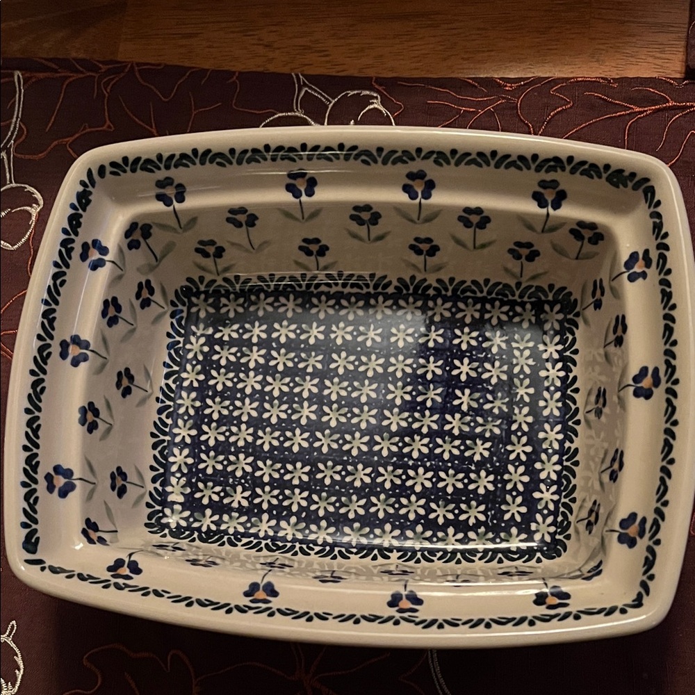 Polish Pottery Blue and White Floral Ceramic Dish